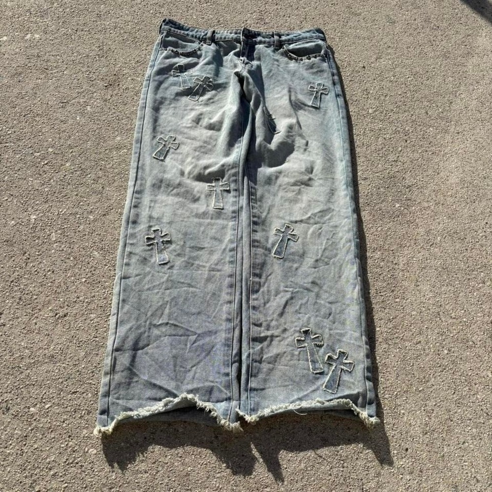 Austin‎ Landing Y2K Cross Patch Distressed Jeans - Light Wash Straight Leg - 33